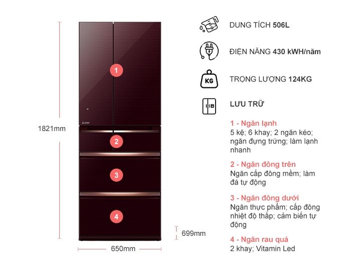 Tủ lạnh Mitsubishi Electric 506 lít MR-WX52D-BR-V