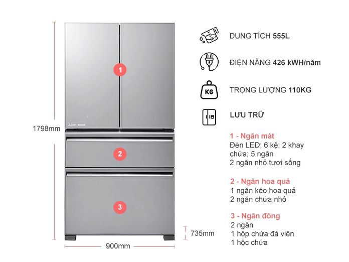 Tủ lạnh Mitshubishi Electric Inverter 555 lít MR-LX68EM-GSL-V