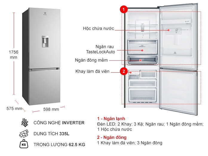 Tủ lạnh Electrolux Inverter 335 lít EBB3742K-A