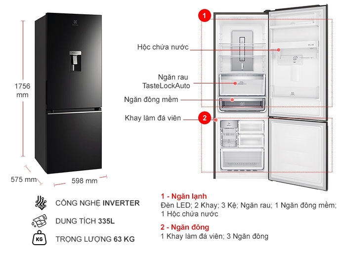 Tủ lạnh Electrolux Inverter 335 lít EBB3762K-H