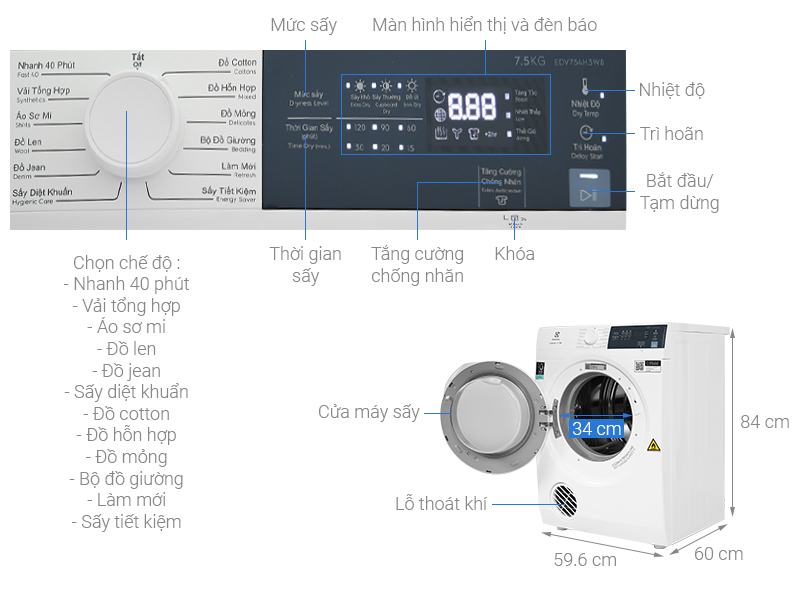 Máy sấy thông hơi Electrolux 7.5 kg EDV754H3WB