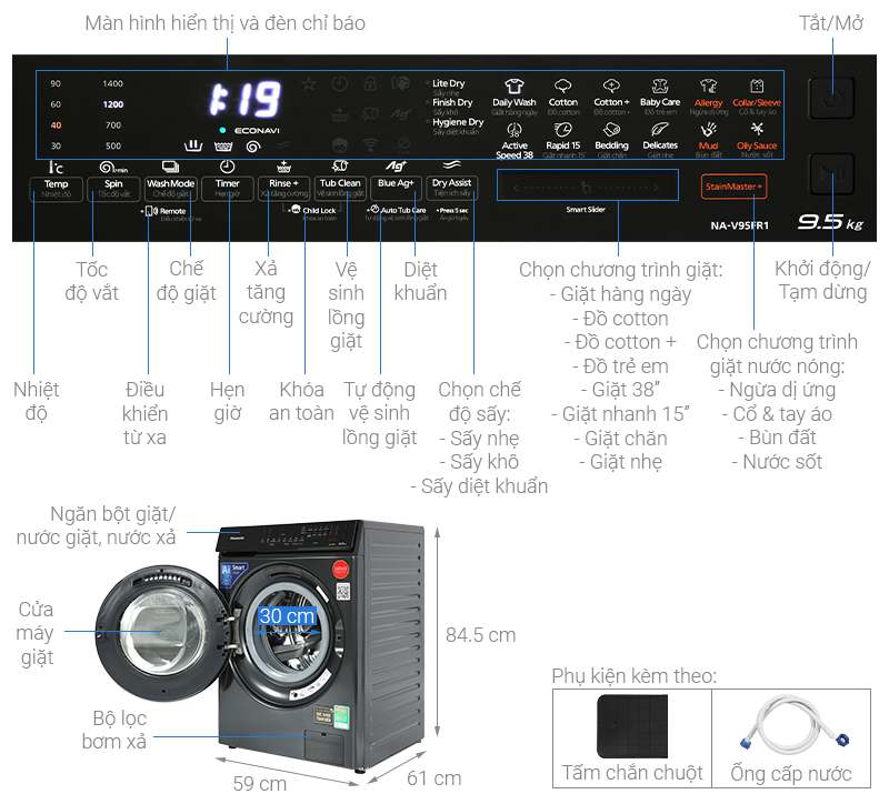 Máy giặt Panasonic Inverter 9.5 Kg NA-V95FR1BVT