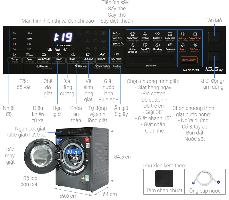 Máy giặt Panasonic Inverter 10.5 kg NA-V105FR1BV