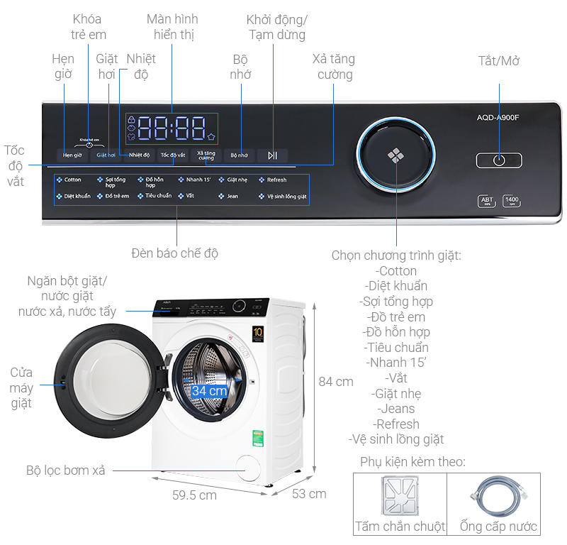 Máy giặt Aqua Inverter 9.0 KG AQD-A900F.W