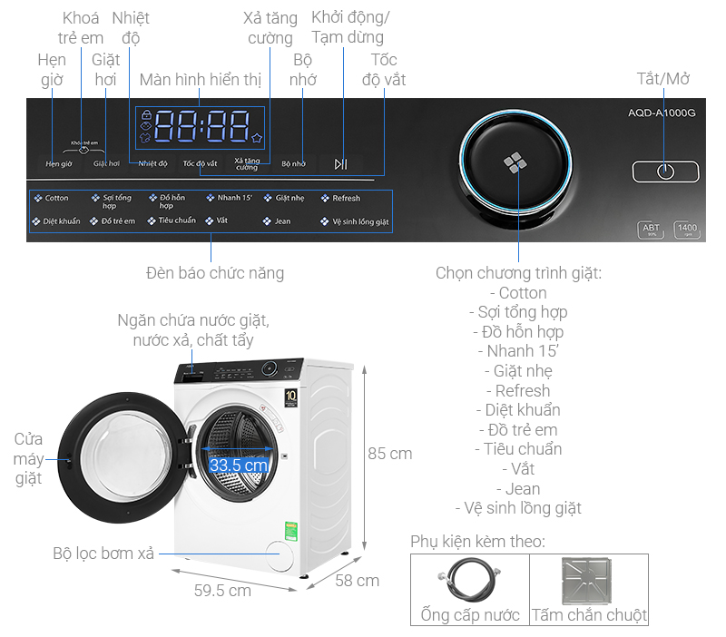 Máy giặt Aqua Inverter 10 KG AQD-A1000G W