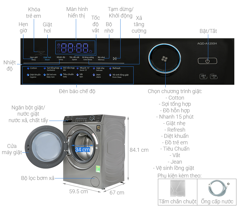 Máy giặt Aqua Inverter 12 kg AQD-A1200H.PS