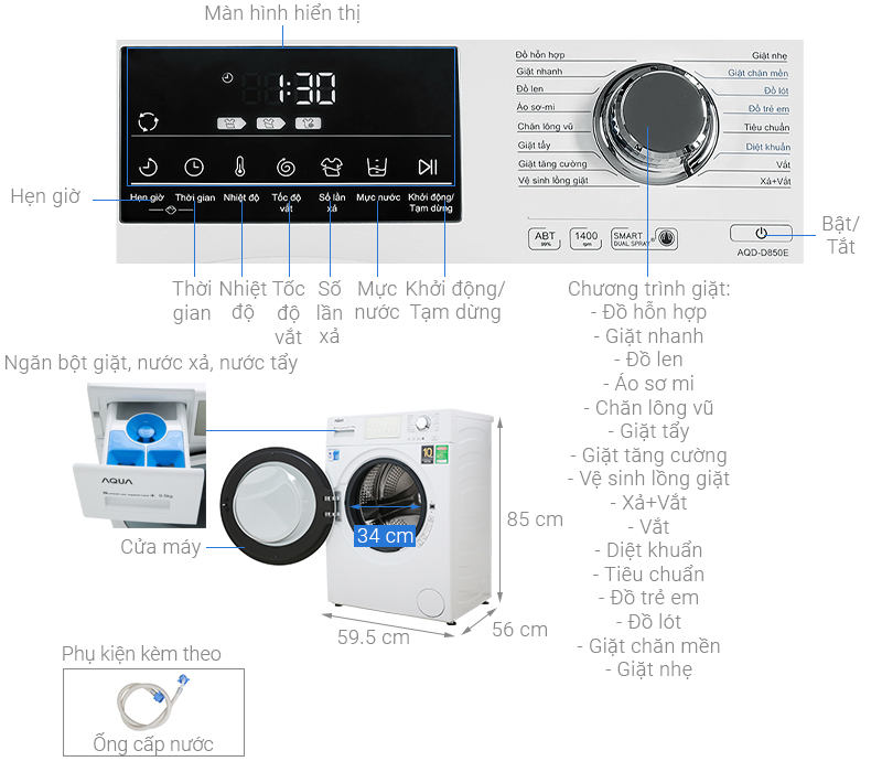 Máy giặt Aqua Inverter 8.5 kg AQD-D850E W