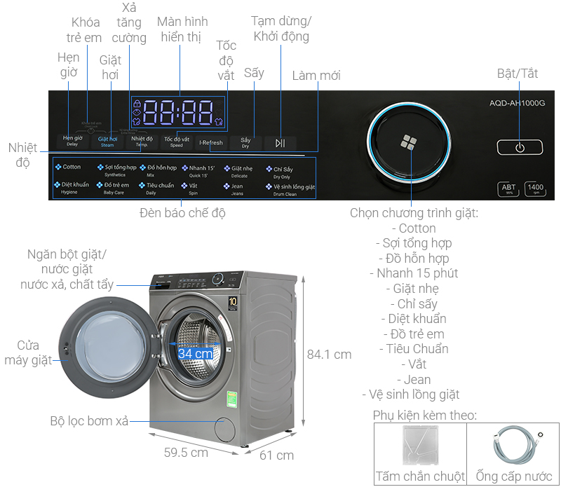 Máy giặt sấy Aqua Inverter 10 kg AQD-AH1000G.PS