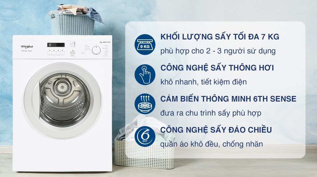 Máy sấy thông hơi Whirlpool 7 kg AWD712S2