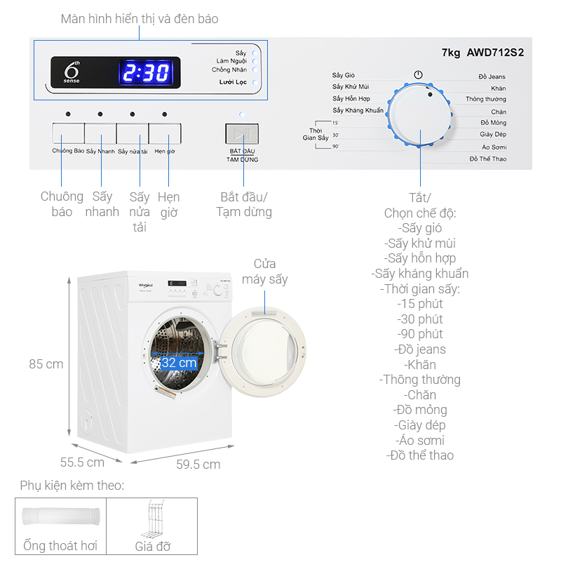 Máy sấy thông hơi Whirlpool 7 kg AWD712S2