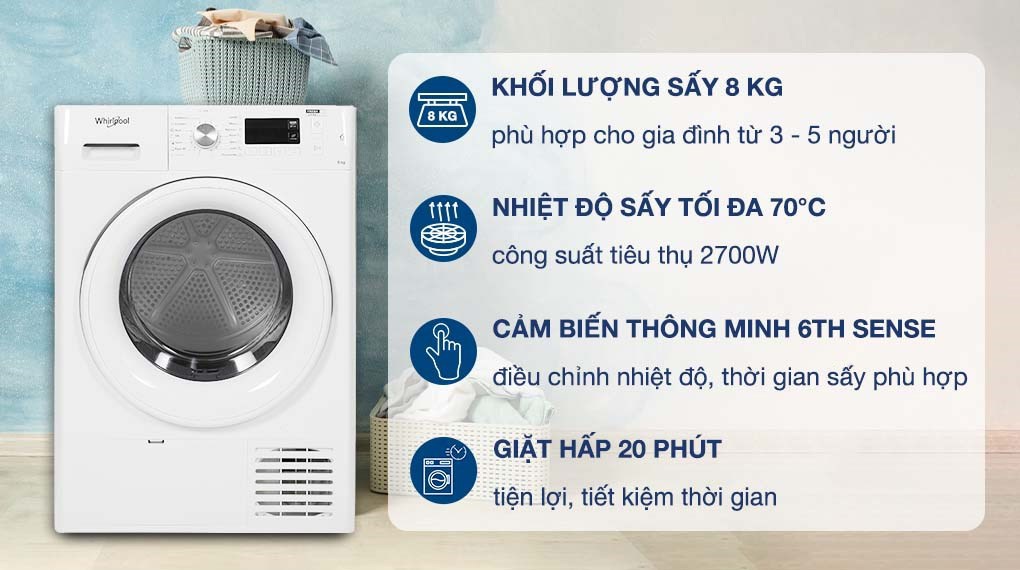 Máy sấy ngưng tụ Whirlpool 8 kg FFTCM118XB EE