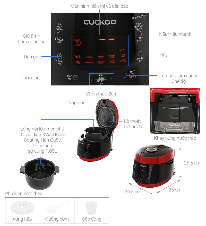 Nồi cơm điện tử áp suất Cuckoo 1.08 lít CRP-PK0600F/BKRDVN