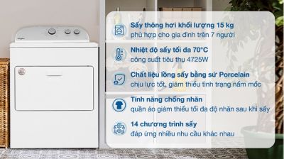 Máy sấy thông hơi Whirlpool 15 kg 3LWED4815FW0