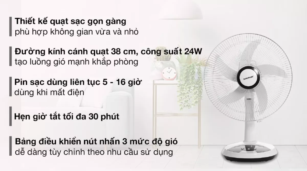 Quạt sạc điện Sunhouse 5 cánh SHD7223 24W