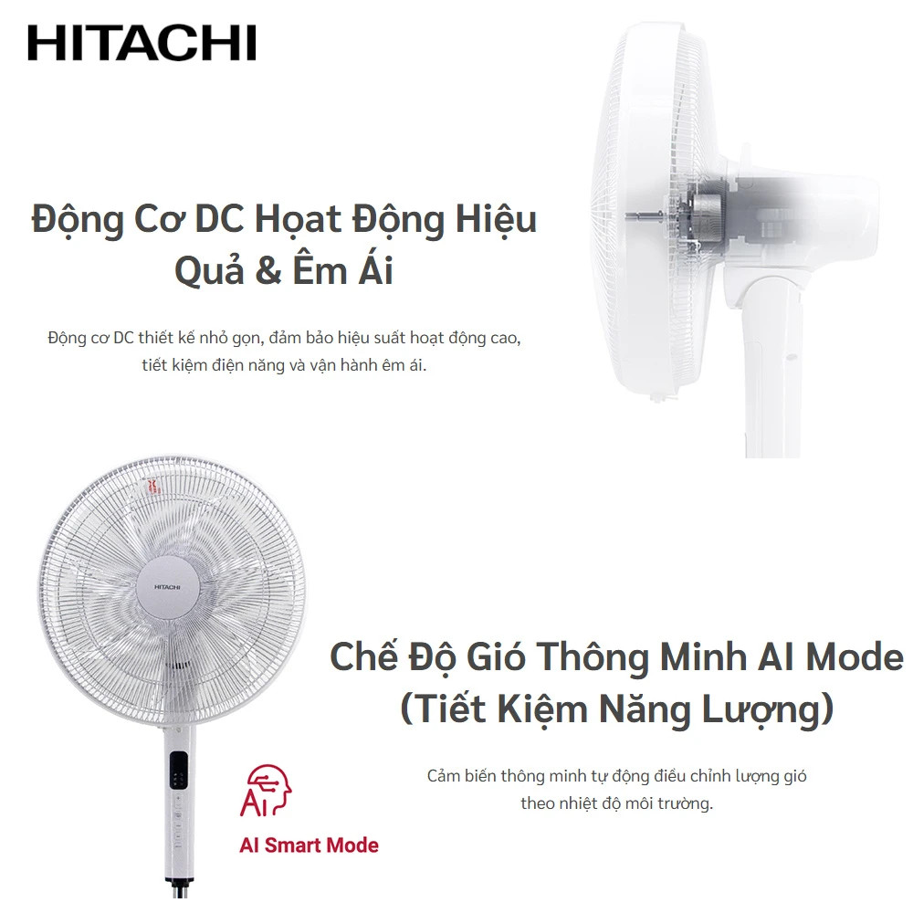 Quạt cây 7 cánh động cơ DC Hitachi LF-D6RCWM-trắng-có điều khiển