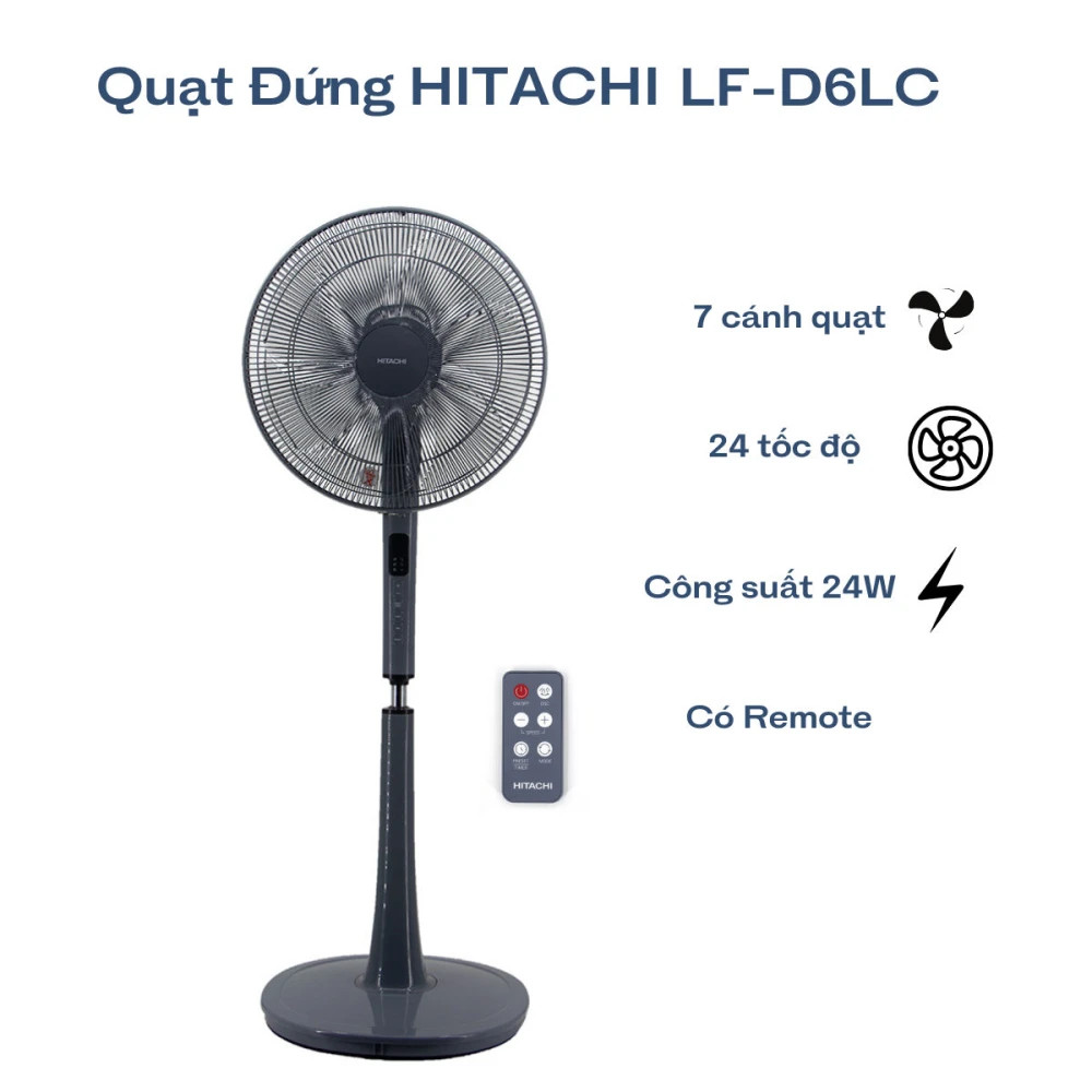 Quạt cây 7 cánh động cơ DC Hitachi LF-D6RCGM-xám-có điều khiển