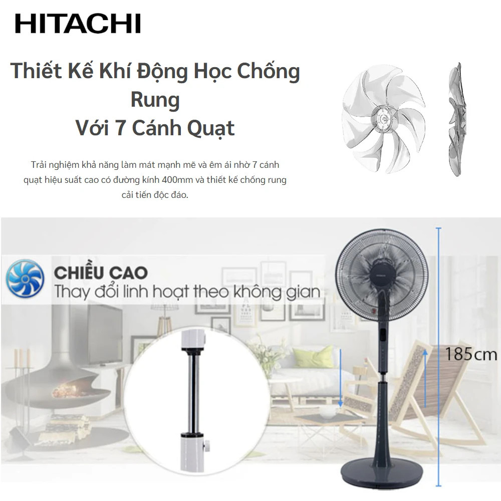 Quạt cây 7 cánh động cơ DC Hitachi LF-D6RCGM-xám-có điều khiển