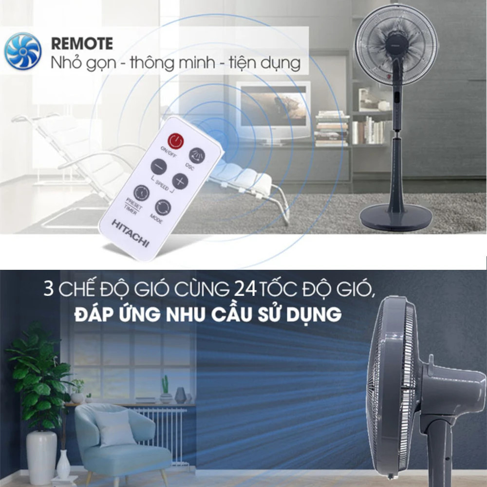 Quạt cây 7 cánh động cơ DC Hitachi LF-D6RCGM-xám-có điều khiển