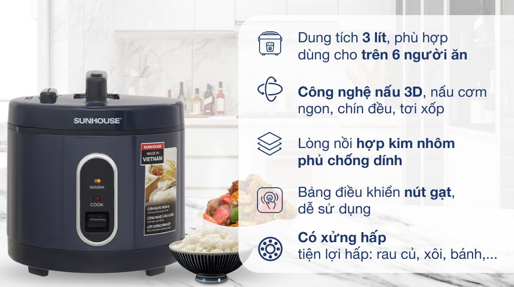 Nồi cơm nắp gài Sunhouse 3 lít SHD8309