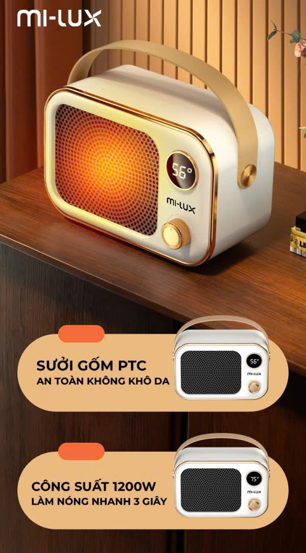 Máy sưởi mini gốm Mi-lux H1 1200W quạt sưởi tiết kiệm điện – sưởi ấm thông minh 2024