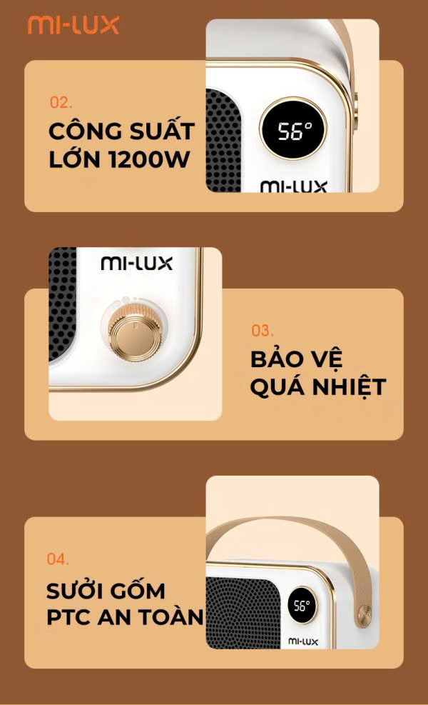 Máy sưởi mini gốm Mi-lux H1 1200W quạt sưởi tiết kiệm điện – sưởi ấm thông minh 2024