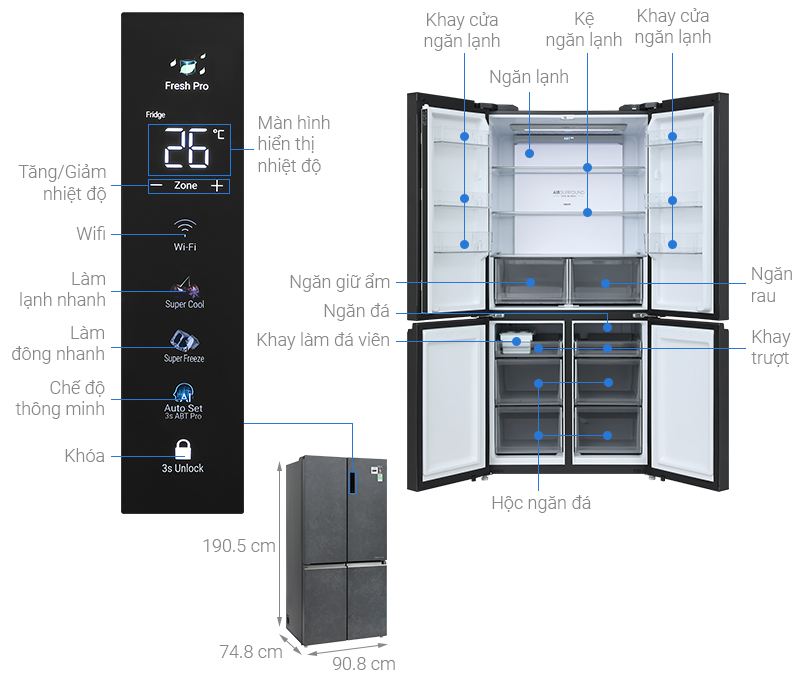 Tủ lạnh Aqua Inverter 660 lít Multi Door AQR-M727XA(GS)U1