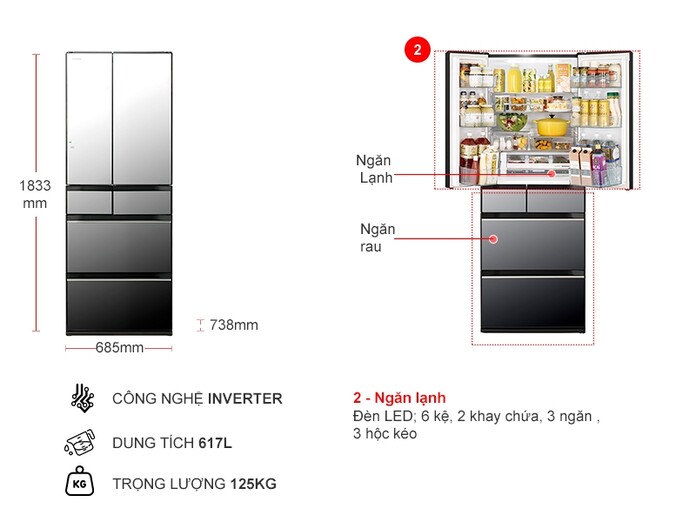 Tủ lạnh Hitachi Inverter 617 lít R-HW620RV X