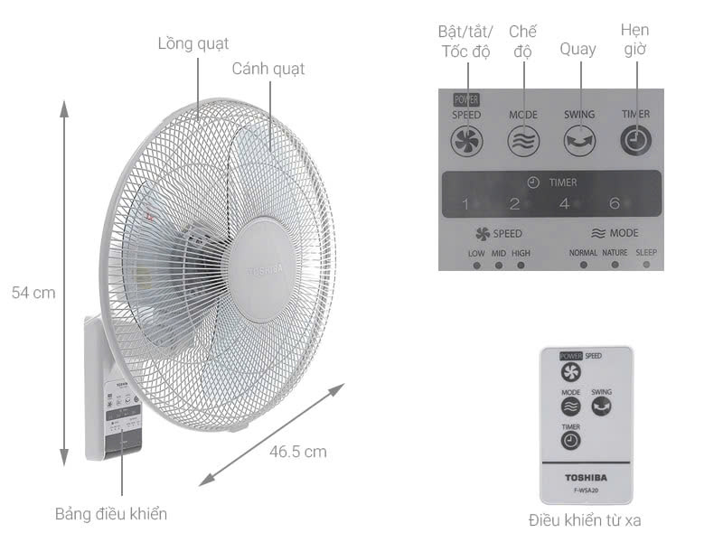 Quạt treo tường Toshiba 3 cánh F-WSA20(H)VN 55W