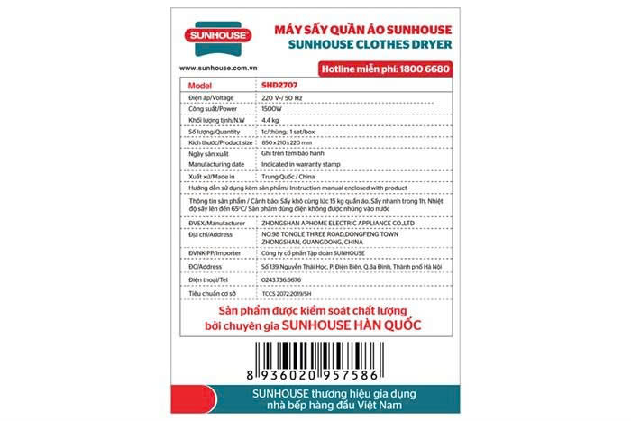 Tủ sấy quần áo Sunhouse 15 kg SHD2707