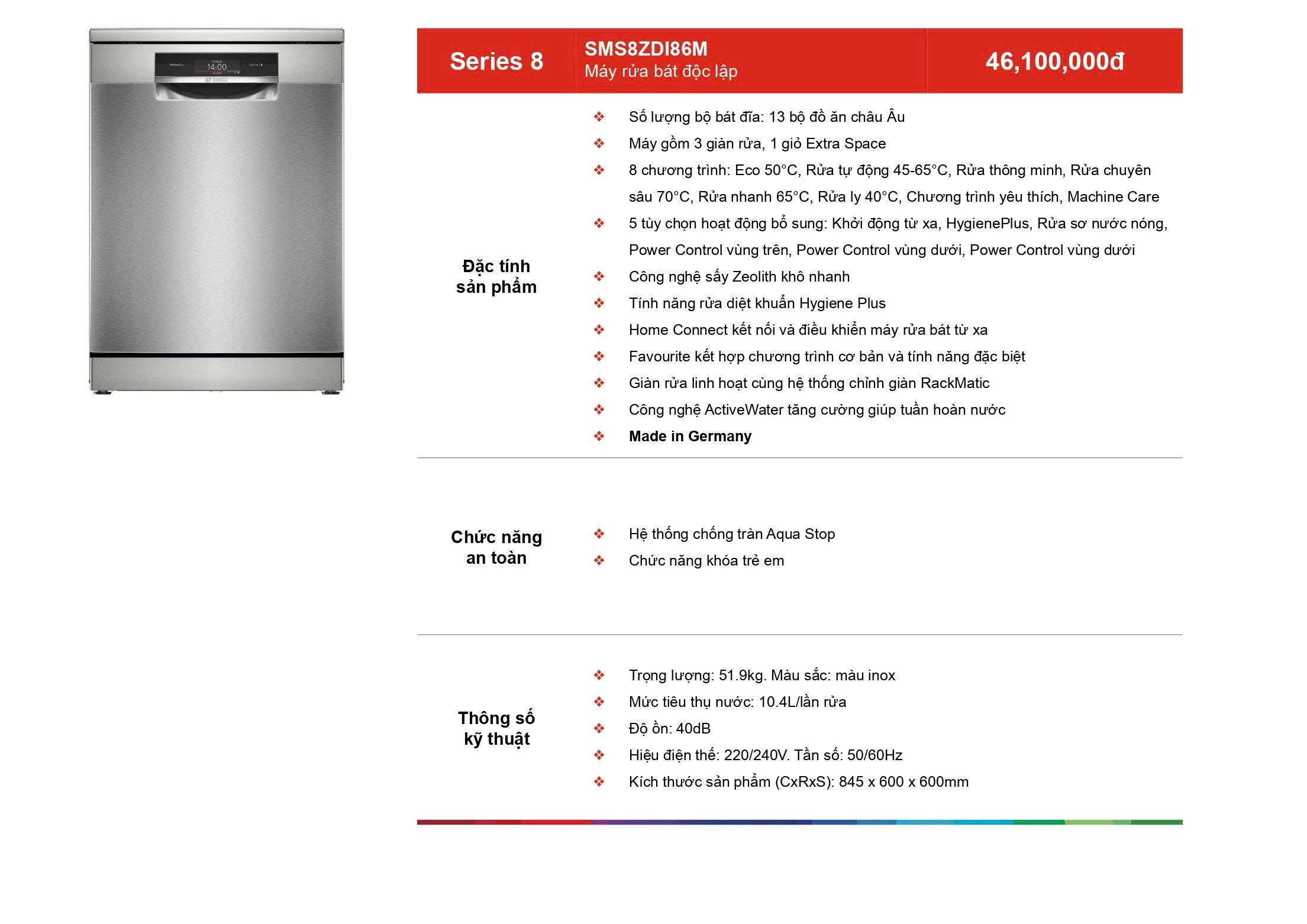 MÁY RỬA BÁT ĐỘC LẬP BOSCH SMS8ZDI86M SERIES 8 SẤY ZEOLITH