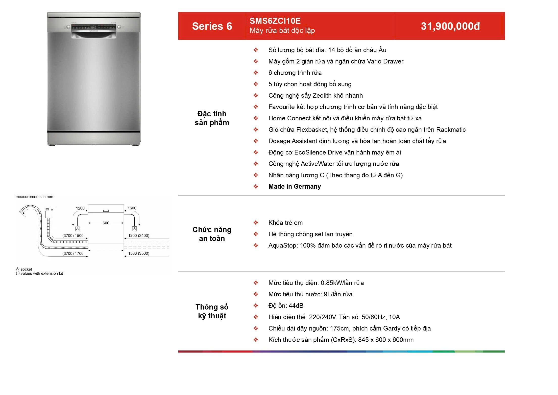 MÁY RỬA BÁT ĐỘC LẬP BOSCH SMS6ZCI10E SERIE 6 SẤY ZEOLITH PERFECTDRY