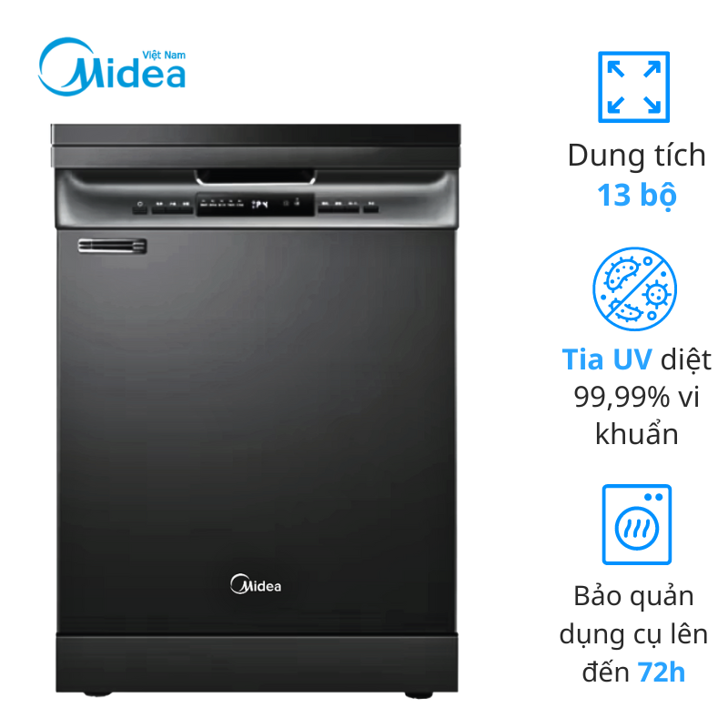 Máy rửa bát Midea MDW13-7635QB, 13 bộ, sấy UV, 9 chương trình