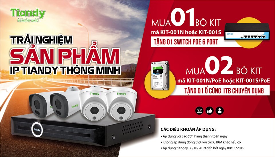 Bộ KIT 4 camera IP 2 MP Tiandy KIT-001N+SwitchP