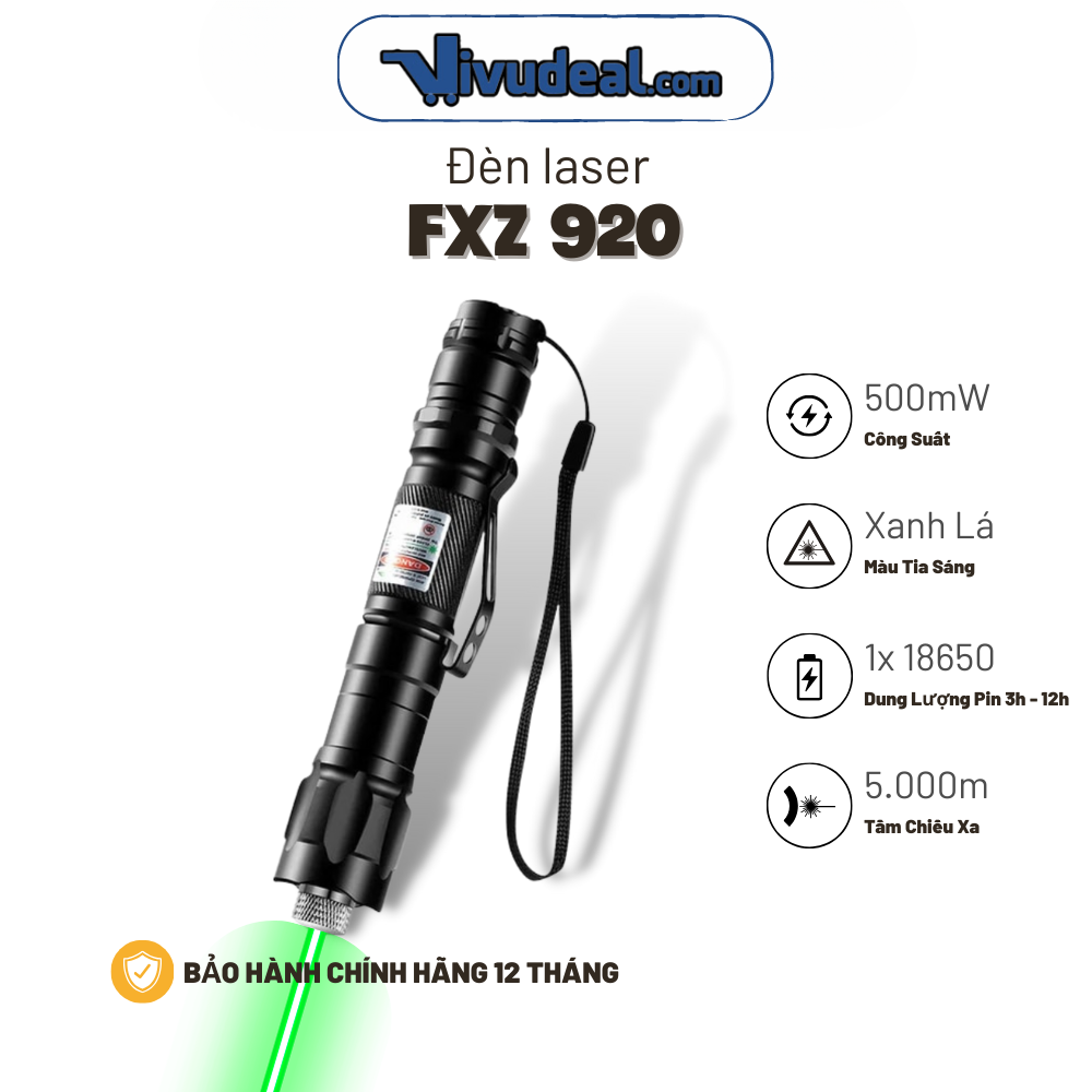 Đèn Laser FXZ 920 Tia Xanh Lá | Công Suất 500mW | Có Vắt Túi | Tầm Chiếu Xa 5000m