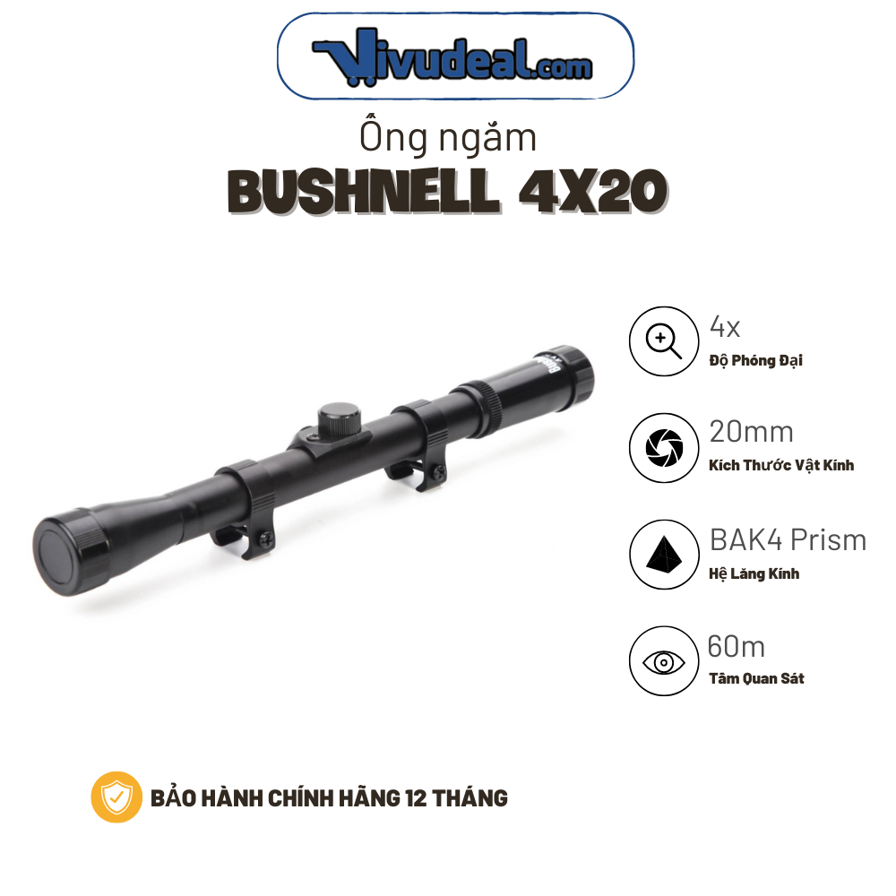 Ống Ngắm Bushnell 4x20 | Độ Phóng Đại 4x | Tâm Cộng Mãnh Nét | Tầm Quan Sát 60m