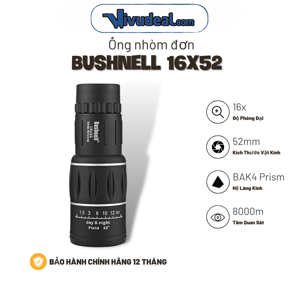 Ống Nhòm Đơn Bushnell 16x52 | Độ Phóng Đại 16x | Thiết Kế Nhỏ Gọn | Tầm Quan Sát 8000m