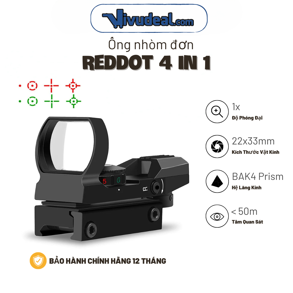 Ống Ngắm Nhanh Reddot 4 in 1 | Đèn Tâm Xanh Và Đỏ | 4 Kiểu Tâm Khác Nhau | Tầm Quan Sát 50m