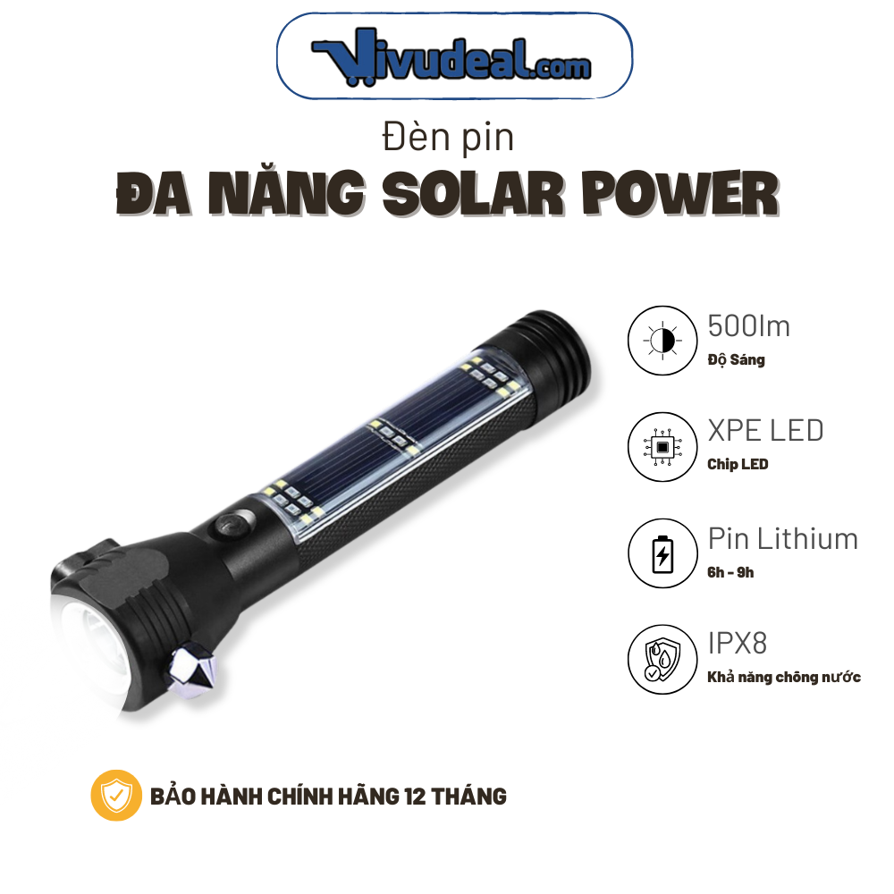 Đèn Pin Đa Năng Solar Power Flashlight | Đầu Búa Phá Kính | Đèn Nháy Đỏ | Đèn Cạnh | La Bàn | Sạc Năng Lượng Mặt Trời
