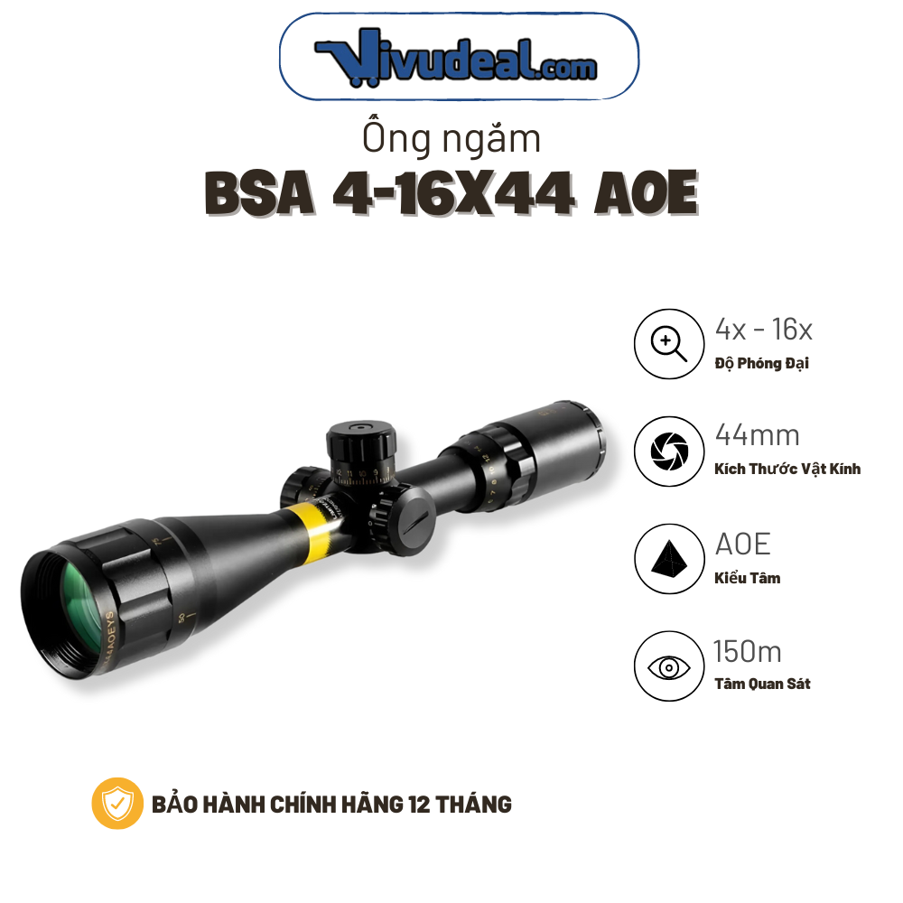 Ống Ngắm BSA 4-16x44 AOE | Độ Phóng Đại 4x - 16x | Đèn Tâm Xanh Đỏ | Chống Nhảy Tâm | Tầm Quan Sát 150m