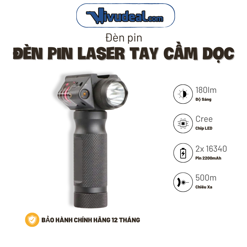 Đèn Pin Laser Tay Cầm Dọc | Độ Sáng 180lm | Laser Xanh Và Đỏ  | Rail 20mm