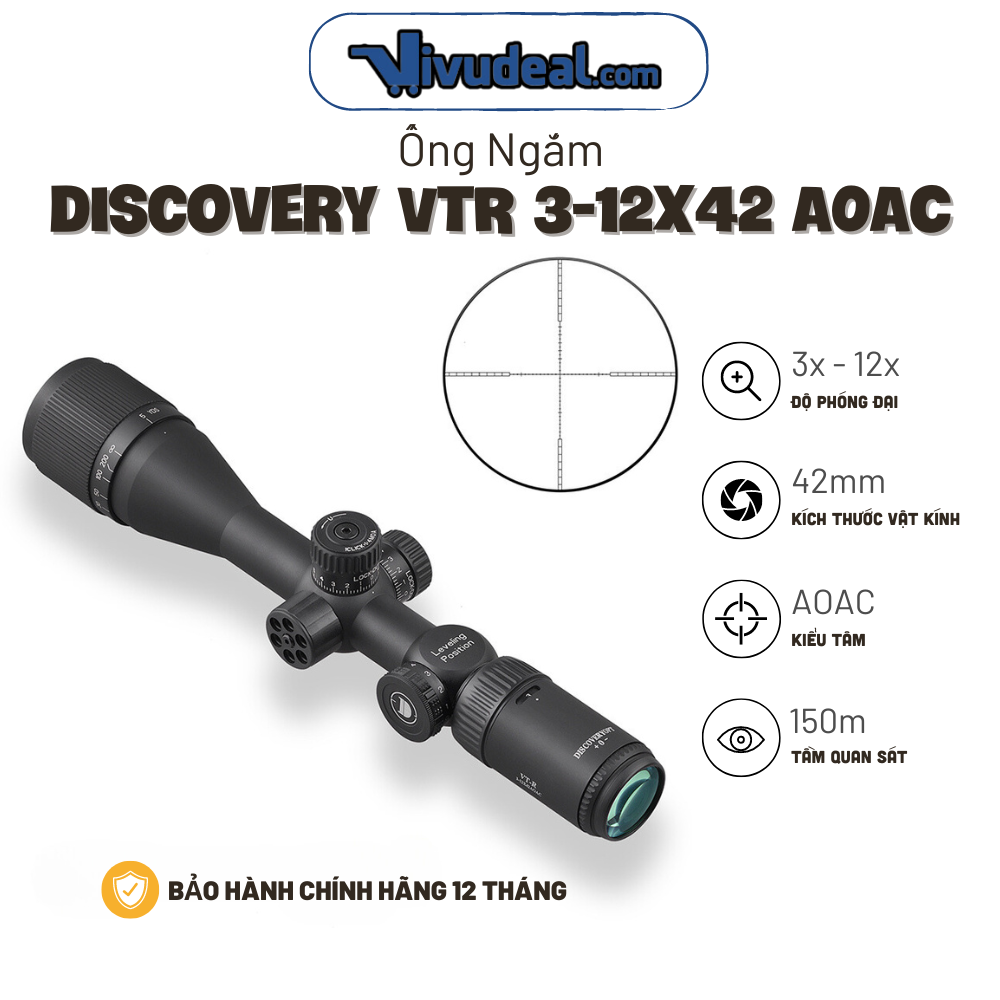 Ống Ngắm Discovery VTR 3-12x42AOAC | Độ Phóng 3x - 12x | Đèn Tâm Xanh Đỏ | Tầm Quan Sát 150m