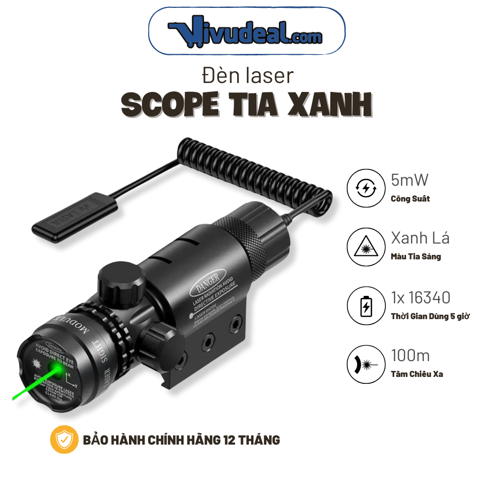 Đèn Laser Scope Tia Xanh | Công Tắc Bấm Đuôi Và Đuôi Chuột | Có Thể Kẹp Nòng Và Rail | Tầm Chiếu Xa 100m