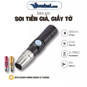 Đèn Pin Ánh Sáng Tím 365nm | Sạc USB Tiện Lợi | Đèn Tia Cực Tím Kiểm Tra Tiền Giả, Giấy Tờ,