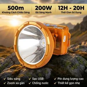Đèn Pin Đội Đầu Suncessa K25 200W Ánh Sáng Trắng Và Vàng, Pin Trâu 20 Giờ, Chống Nước Câu Cá Đi Rừng
