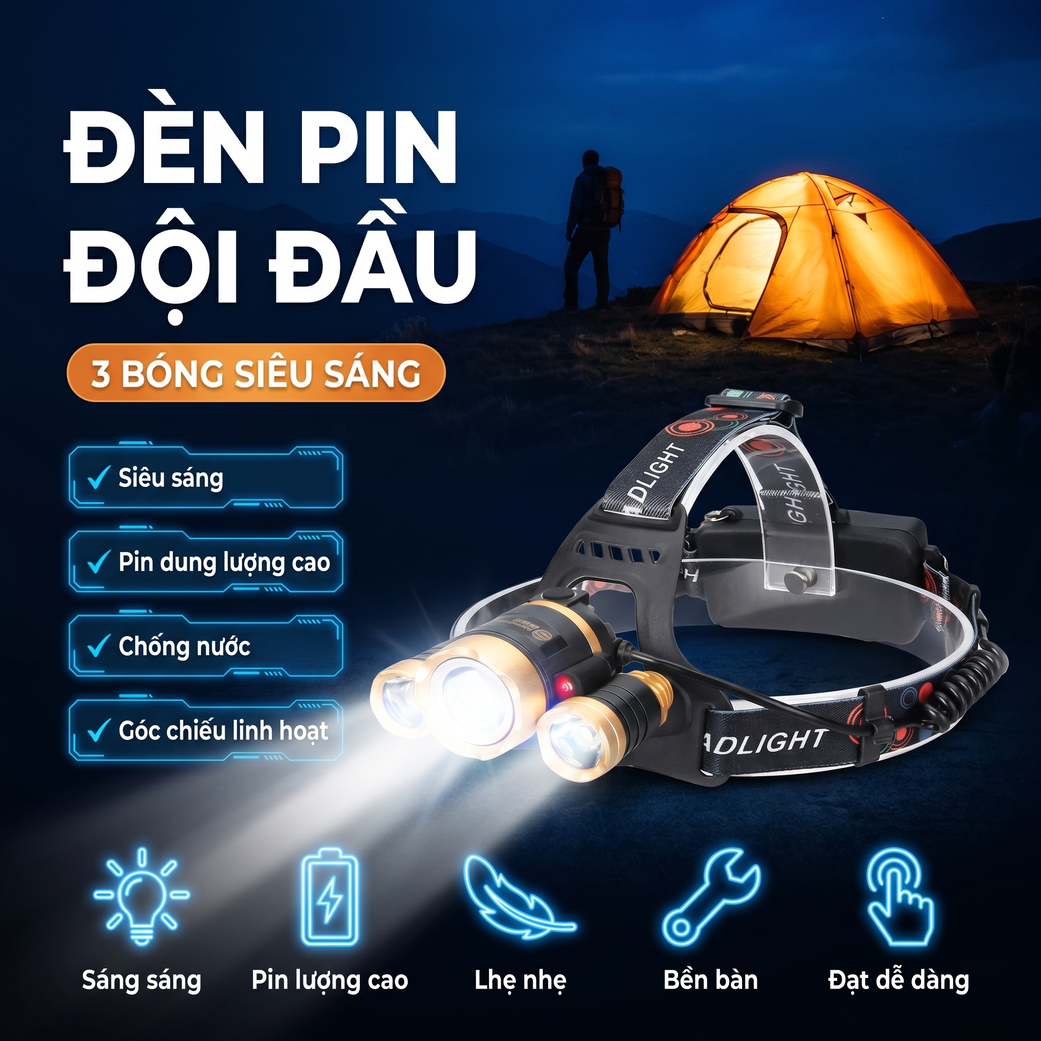 Đèn Pin Đội Đầu 3 Bóng, Chiếu Xa Siêu Sáng, Chống Nước Nhẹ, Sạc USB Tiện Lợi, Thời Gian Sử Dụng Dài, Chuyên Câu Cá Đêm