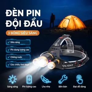 Đèn Pin Đội Đầu 3 Bóng, Chiếu Xa Siêu Sáng, Chống Nước Nhẹ, Sạc USB Tiện Lợi, Thời Gian Sử Dụng Dài, Chuyên Câu Cá Đêm