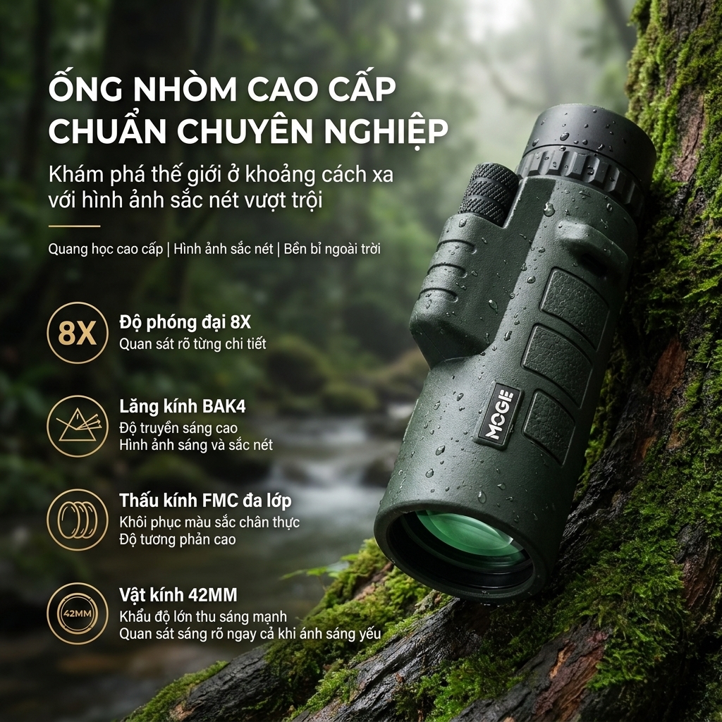 Ống Nhòm Đơn MOGE 8x42 HD Phóng Đại Lớn, Quan Sát Ban Đêm Ánh Sáng Yếu, Chụp Ảnh Điện Thoại, Ngắm Chim, Du Lịch, Xem Hòa Nhạc