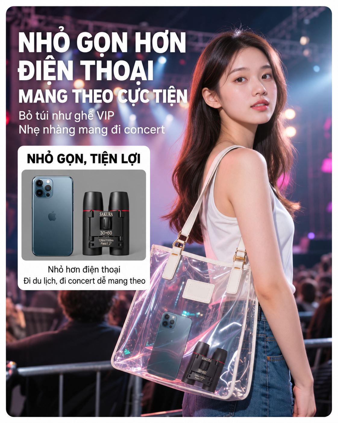 Túi trong suốt, kính gọn đi concert