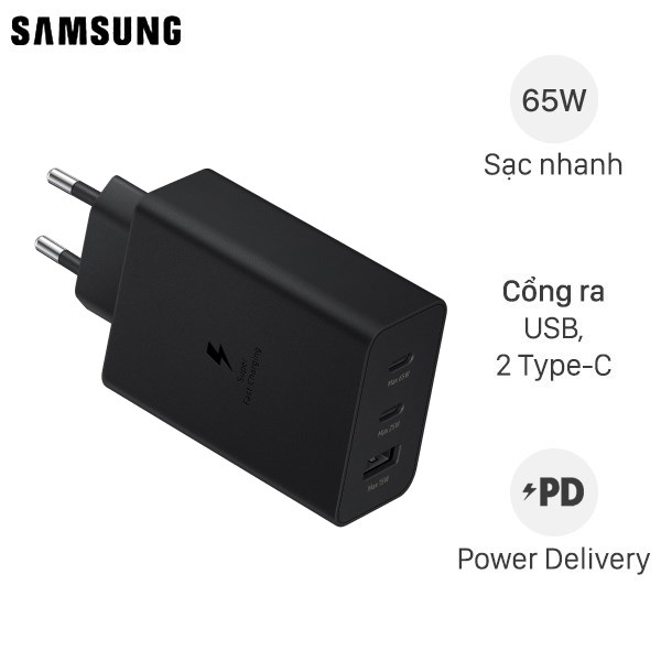 Củ Sạc Adapter sạc 3 cổng USB Type C PD 65W Samsung , Kèm Cáp sạc