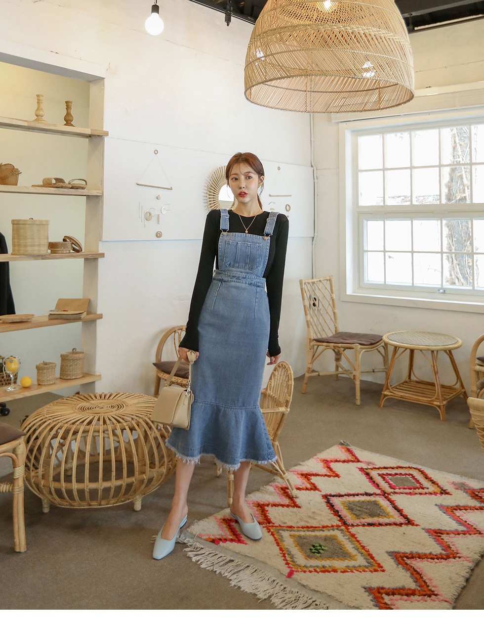 THỜI TRANG HÀN QUỐC - FLOUNCE HEM OVERALL DENIM DRESS